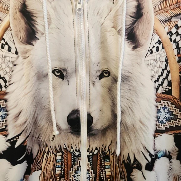 Men's Graphic Zip Up Hoodie White Wolf Feather Dreamcatcher Print XL - Picture 2 of 7